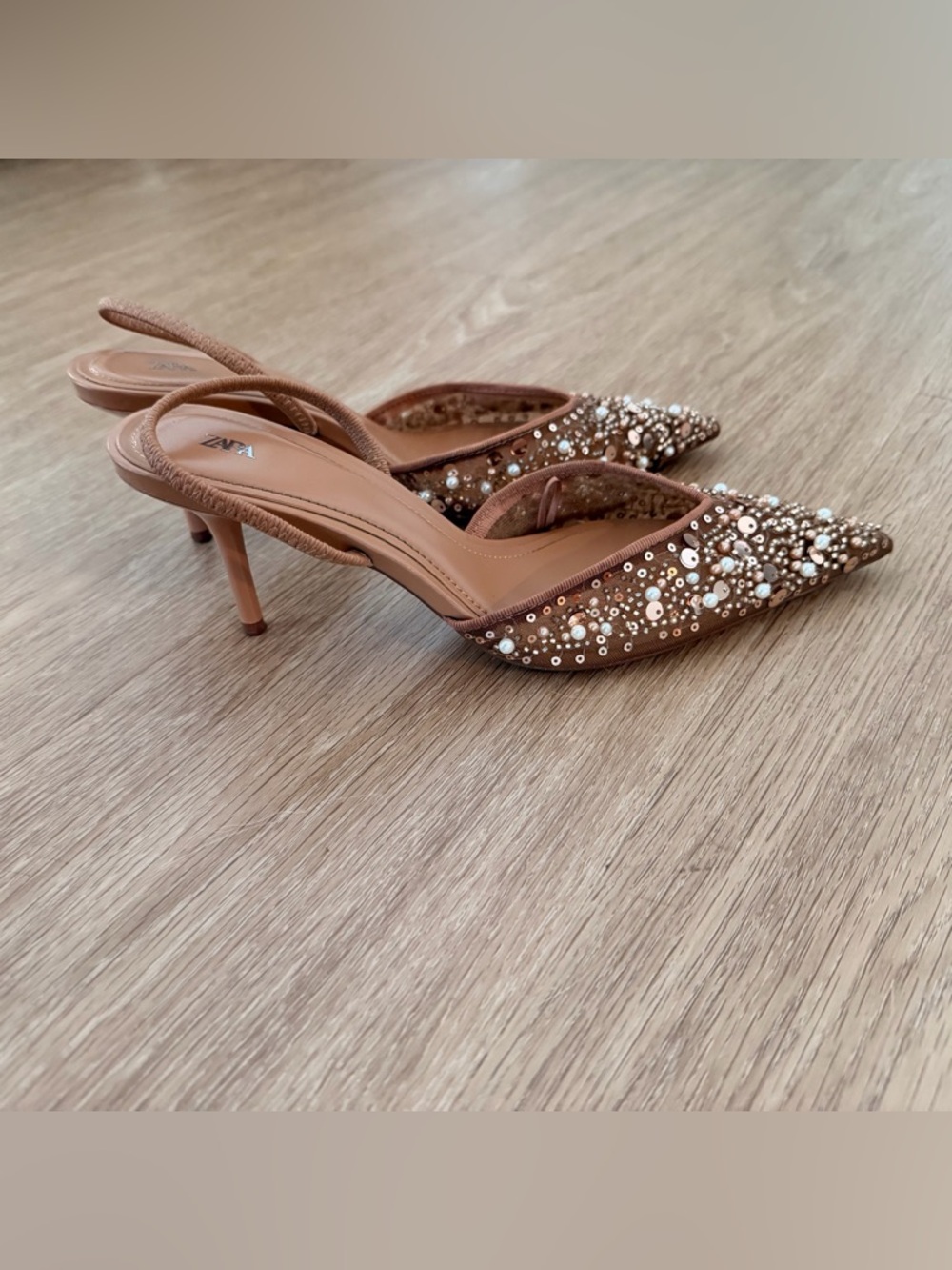 Zara Brown Embellished Pointed Slingback Heels - Picture 4 of 7